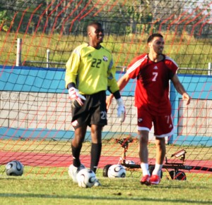 Marvin Phillip and Carlos Edwards in training for T&T (Photo: Shaun Fuentes).