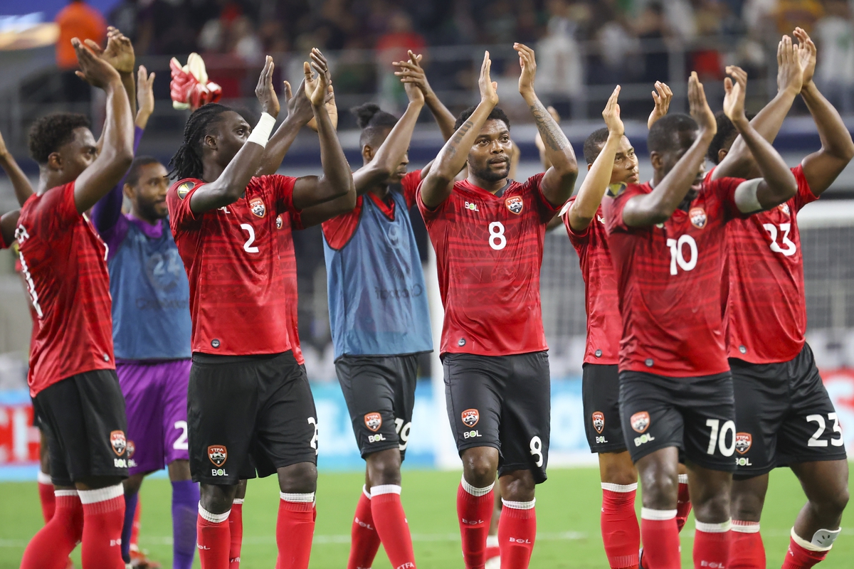 Jul 10, 2021; Arlington, Texas, USA; Trinidad and Tobago players react after the match against Mexico in a CONCACAF Gold Cup group stage soccer match at AT&T Stadium. Photo Credit: Kevin Jairaj-USA TODAY Sports