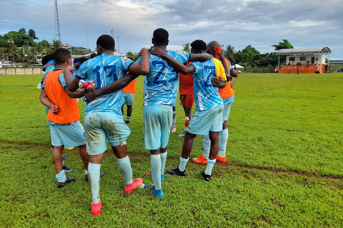 Moruga/Tableland Samba Boys assistant coach Anthony Quashie speaks to his team after their 3-2 win over Moruga FC at Grand Chemin Recreation Ground in the Southern Football Association on Saturday, August 19th 2023. (Photo credit - Vidia S. Ramphal)