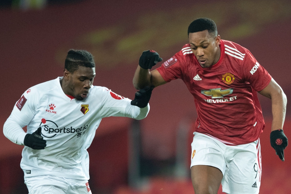 Anthony Martial of Manchester United and Daniel Phillips of Watford in action during the FA Cup Third Round match between Manchester United and Watford on January 9, 2021 in Manchester, England. The match will be played without fans, behind closed doors as a Covid-19 precaution. (Photo by Visionhaus)