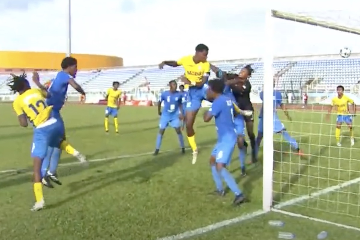 Dantaye Gilbert scores a header off a corner kick to give Presentation College San Fernando a 1-0 win over Naparima College in the second South Intercol semifinal at the Auto Boldon Stadium, Couva on Wednesday, November 16th 2022.