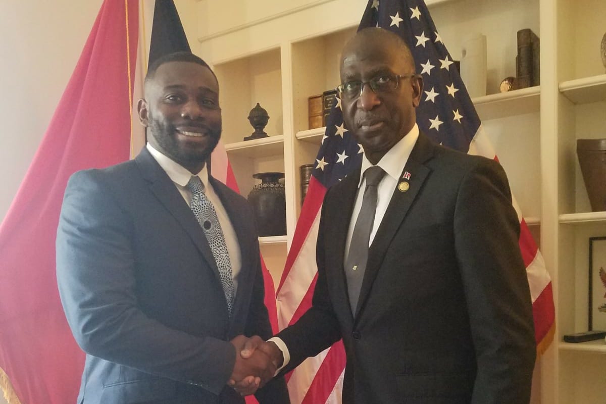 Justin Reid (left) meets Trinidad and Tobago Ambassador to the United States, retired Brigadier General Anthony Phillips-Spencer, to discuss inviting several soccer school teams from Trinidad and Tobago to participate in the International Friendlies Cup in 2019-2020.