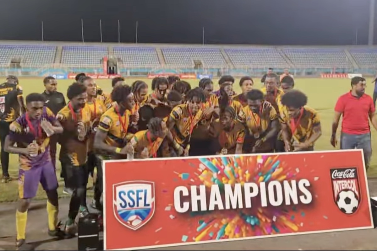 St. Benedict's College celebrate after beating Naparima College 5-4 on penalties in the the Coa-Cola SSFL Intercol South Zone final, on Friday, November 22nd 2024, at the Ato Boldon Stadium, Couva.