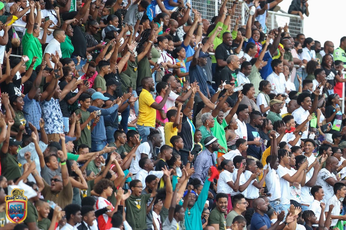 A cross section of the fans at SSFL League final on Wednesday, October 22nd 2022 between St Benedict’s College and Fatima College at Ato Boldon Stadium. Photo Daniel Prentice.