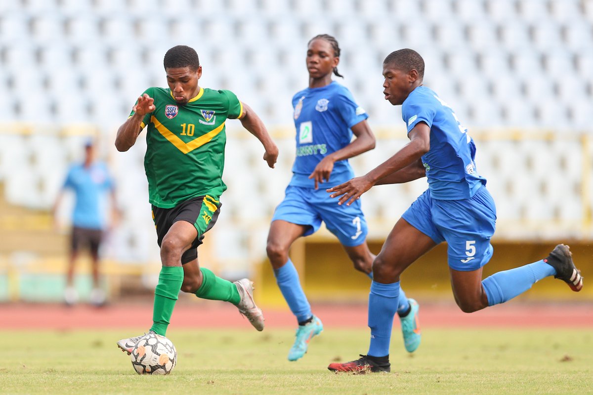 St. Benedict's Nicholas Bobcome (#10)  in action during an SSFL Group A match against Naparima College at Hasely Crawford Stadium, Port of Spain on Saturday, October 15th 2022.