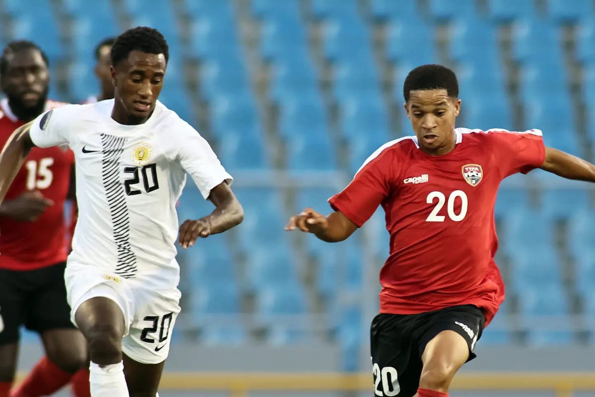 Trinidad and Tobago's Kaïlé Auvray (right) battles with Curaçao's Kevin Felida (left) during a Concacaf Nations League match at the Hasely Crawford Stadium on Thursday, September 7th 2023.