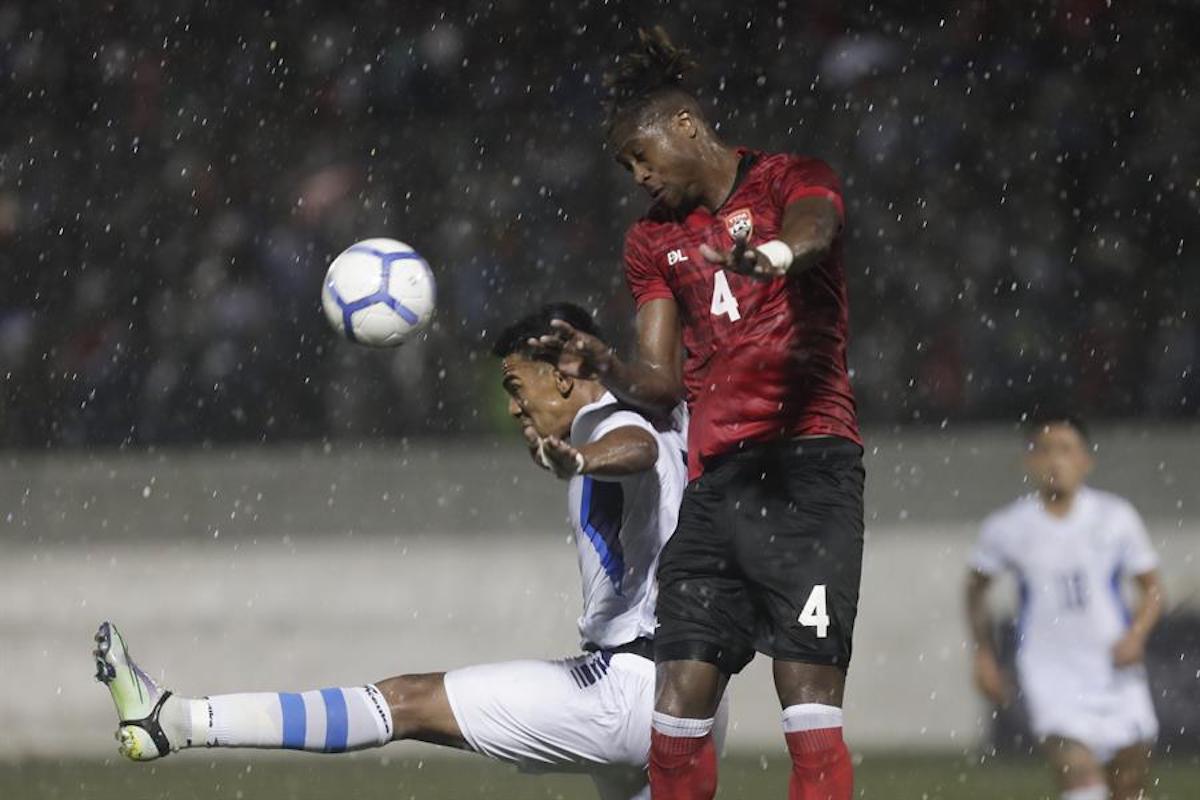 Trinidad and Tobago defender Sheldon Bateau heads the ball during a Concacaf Nations League match against Nicaragua at the Nicaragua National Football Stadium, Managua, Nicaragua on Friday June 3rd 2022.