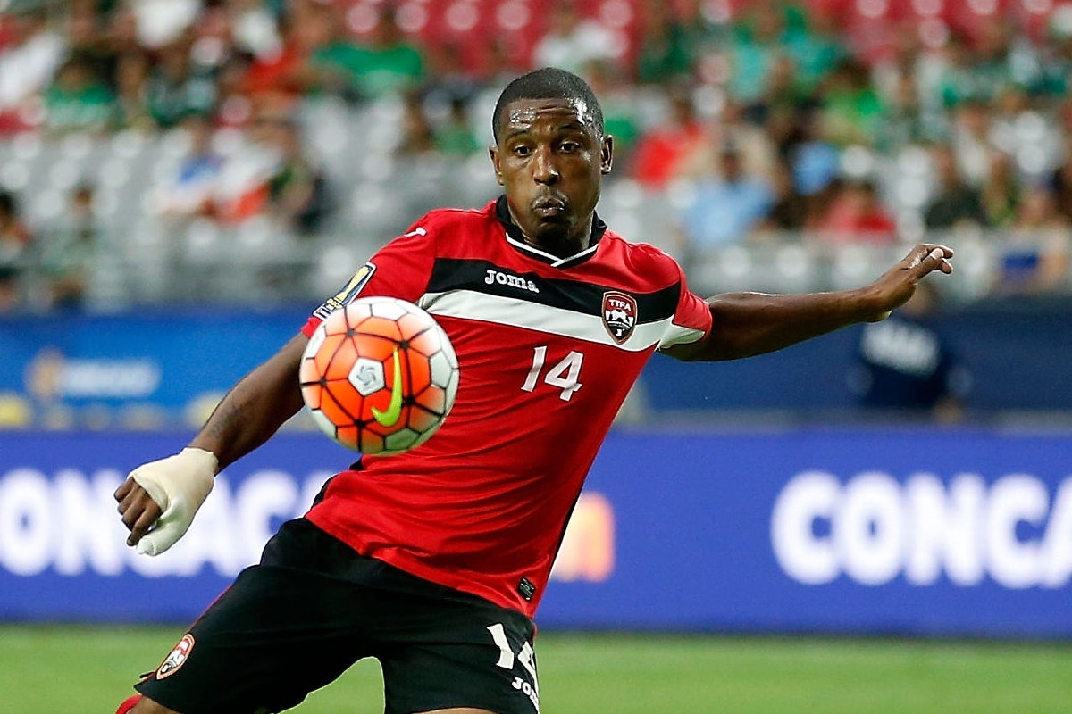 GLENDALE, AZ - JULY 12: Andre Boucaud #14 of Trinidad & Tobago shoots the ball during the 2015 CONCACAF Gold Cup group C match against Cuba at University of Phoenix Stadium on July 12, 2015 in Glendale, Arizona. Trinidad & Tobago defeated Cuba 2-0. (Photo by Christian Petersen/Getty Images)