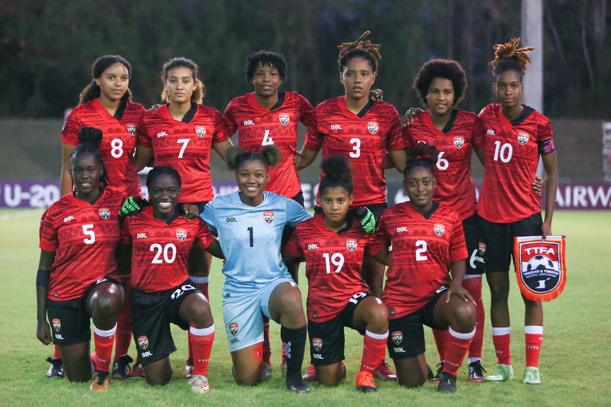 Trinidad and Tobago Women's U-20 team pose for a photo before a 2022 Concacaf Women's U-20 Championship Group Stage match against Canada on Tuesday March 1st 2022 at Estadio Pan Americano in San Cristobal, Dominican Republic.
