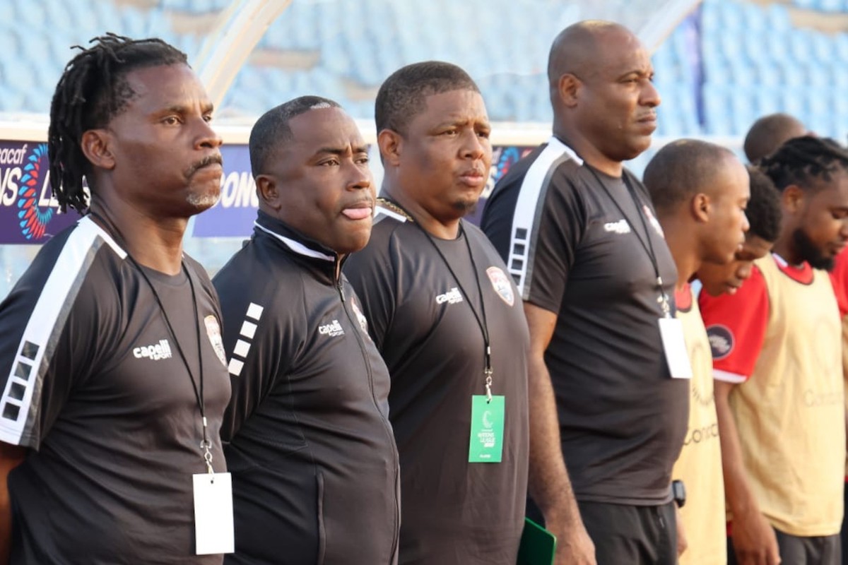 Trinidad and Tobago's technical staff stand for the national anthem before a Concacaf Nations League natch against Curaçao on Thursday, September 7th 2023. Left to Right: Reynold Carrington (Assistant Coach), Angus Eve (Head Coach), Derek King (Assistant Coach), Clayton Ince (Goalkeeping Coach).