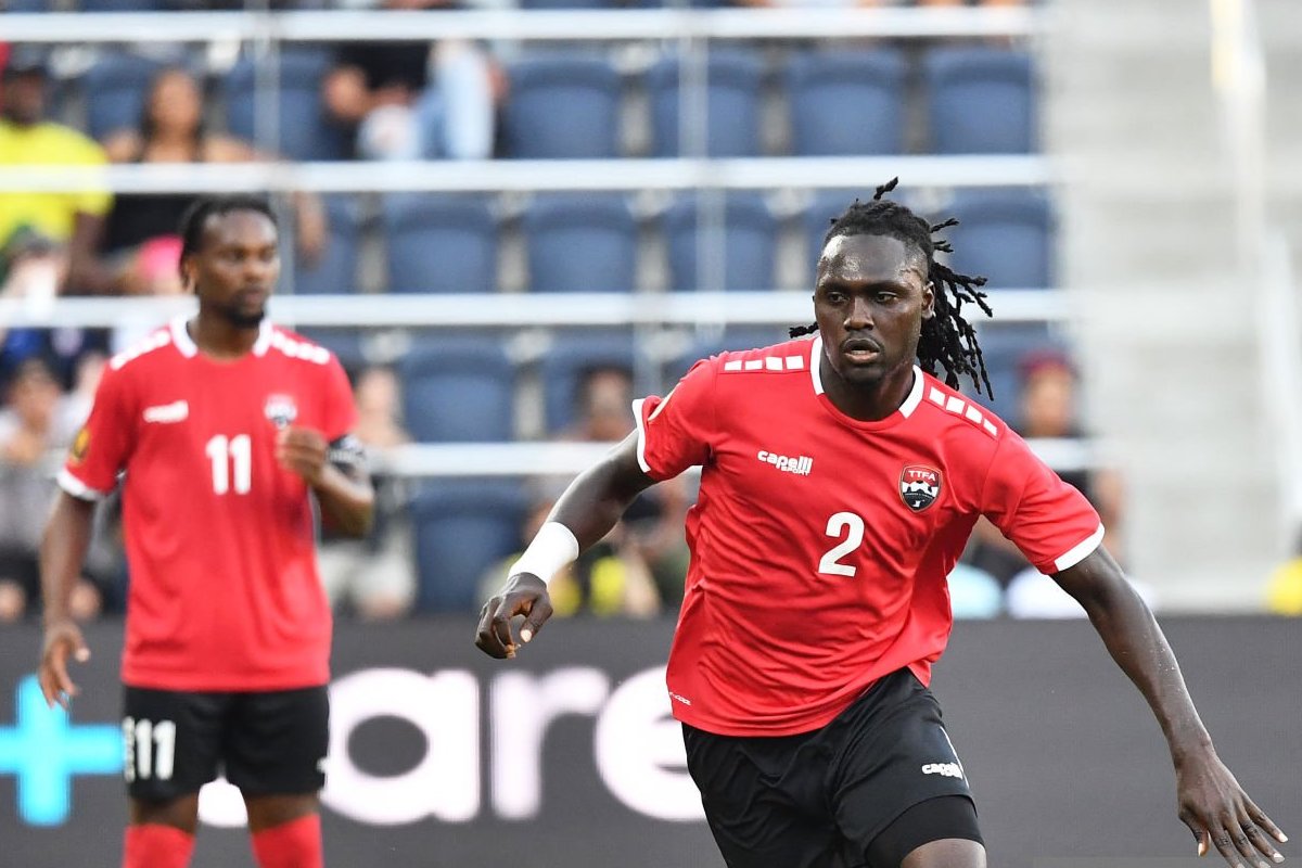 Aubrey David #2 of Trinidad & Tobago comes away with ball during a game between Jamaica and Trinidad & Tobago at CITYPARK on June 28, 2023 in St. Louis, Missouri.(Photo by Bill Barrett/USSF/Getty Images for USSF)