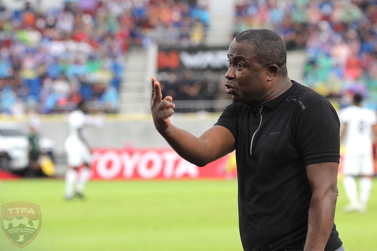 Trinidad and Tobago Head Coach Angus Eve gesticulates during a 2022 King's Cup match against Thailand at 700th Anniversary Stadium, Chiang Mai, Thailand on Sunday, September 25th 2022.