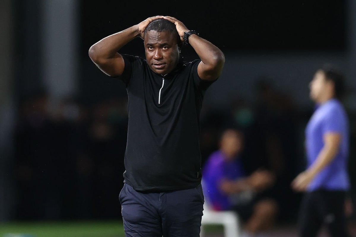 CHIANG MAI, THAILAND - SEPTEMBER 25: Trinidad and Tobago head coach, Angus Eve shows dejection during the international friendly match between Thailand and Trinidad and Tobago at 700th Anniversary Stadium on September 25, 2022 in Chiang Mai, Thailand. (Photo by Pakawich Damrongkiattisak/Getty Images)