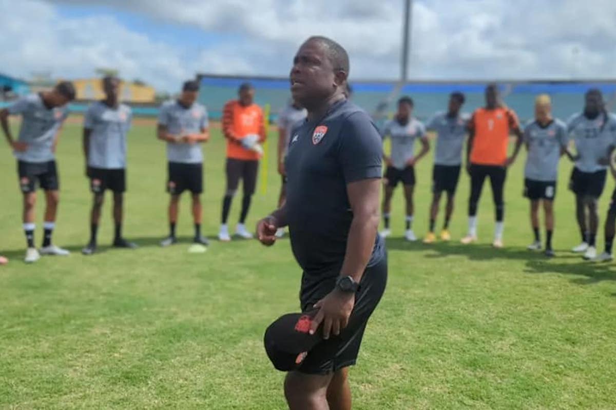 Trinidad and Tobago Head Coach Angus Eve leads a training session at the Manny Ramjohn Stadium, Marabella on Monday, February 27th 2023.