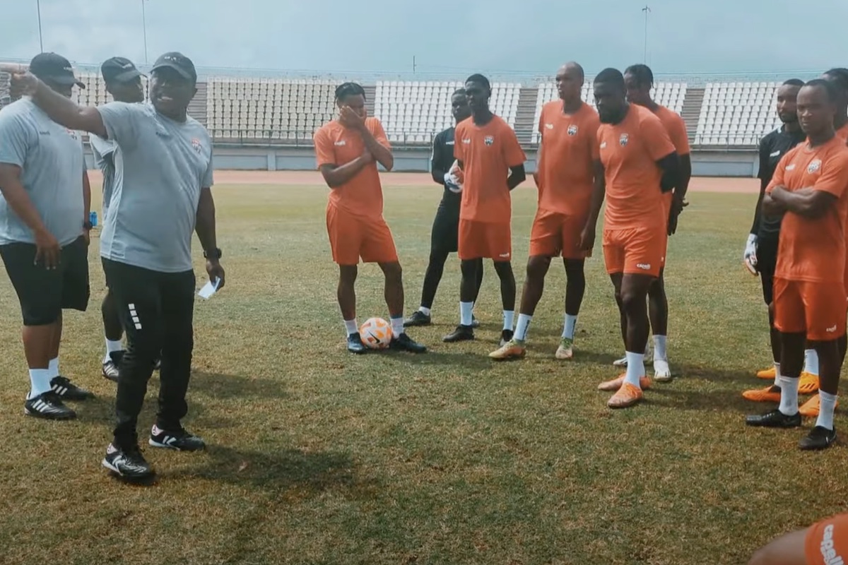 Trinidad and Tobago Head Coach gives instructions during a training session on Wednesday, February 7th 2024 at the Larry Gomes Stadium, Malabar.