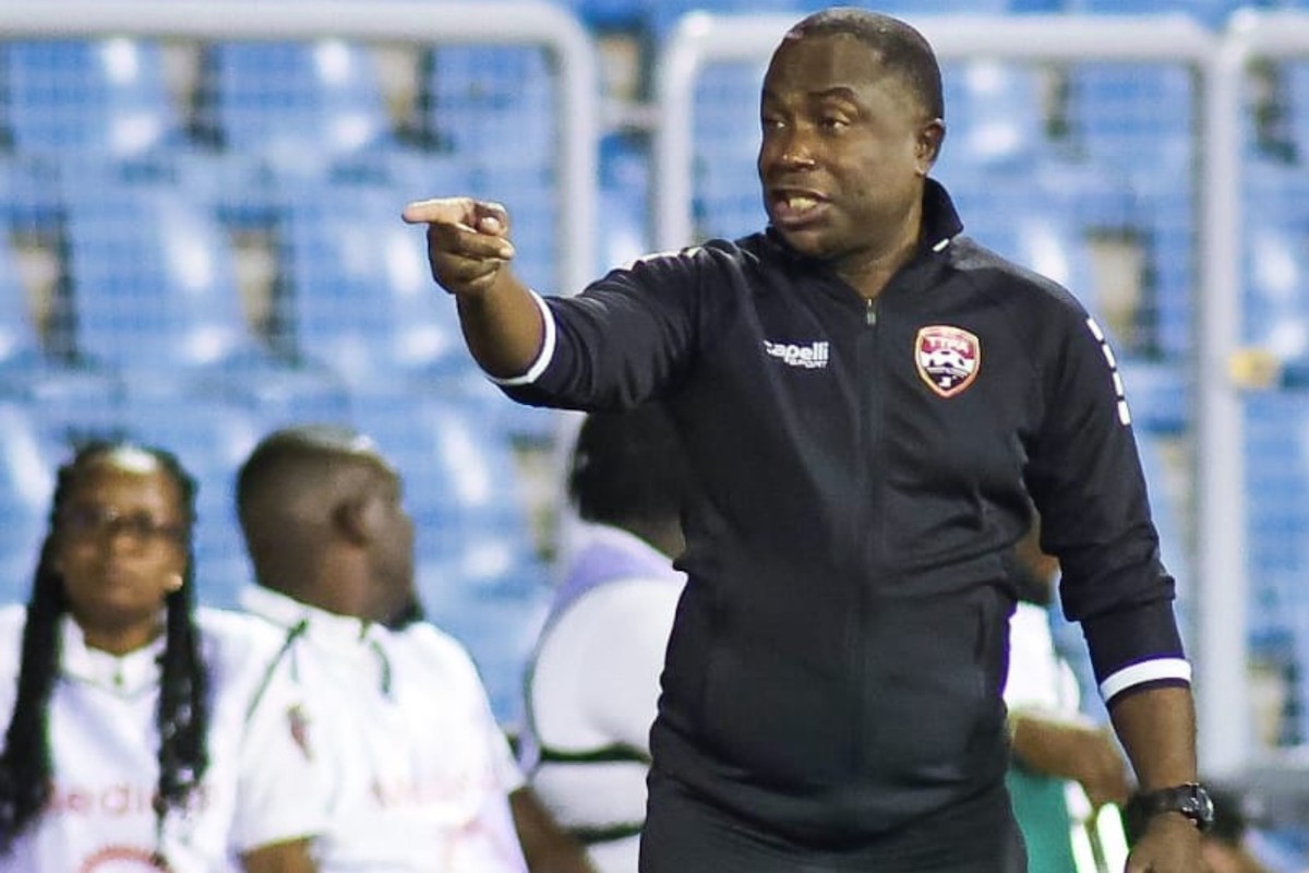 Trinidad and Tobago Head coach Angus Eve points during a Concacaf Nations League match against Curaçao at the Hasely Crawford Stadium on Thursday, September 7th 2023.