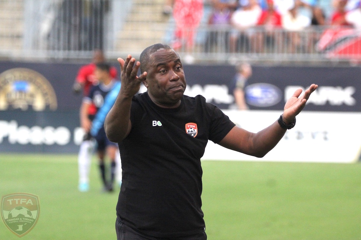 Trinidad and Tobago Head Coach Angus Eve gesticulates during an International Friendly against Guatemala at Subaru Park, Chester, Pennsylvania on Sunday, June 11th 2023.