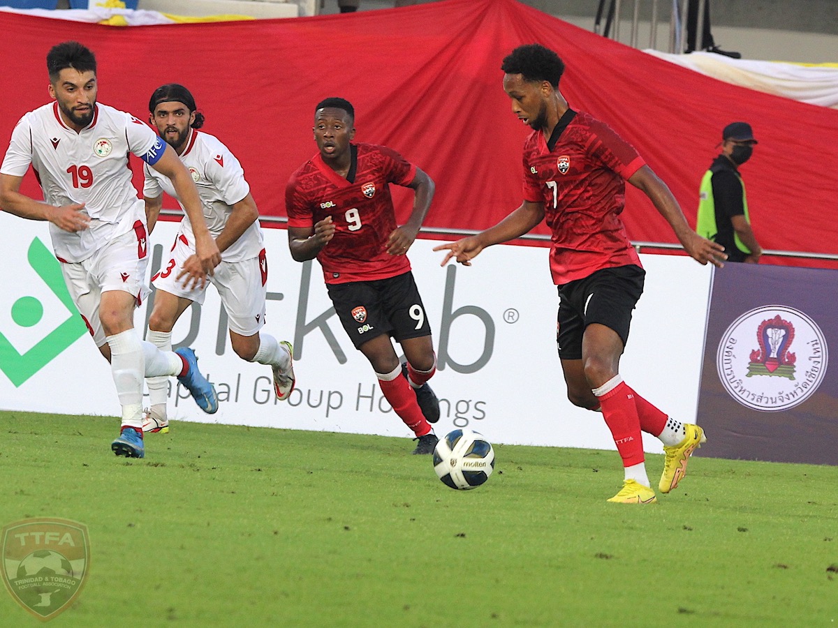 Trinidad and Tobago's Judah Garcia (#7) and Ajani Fortune (#9) in action during a 2022 King's Cup match against Tajikistan at 700th Anniversary Stadium, Chiang Mai, Thailand on Thursday, September 22nd 2022.
