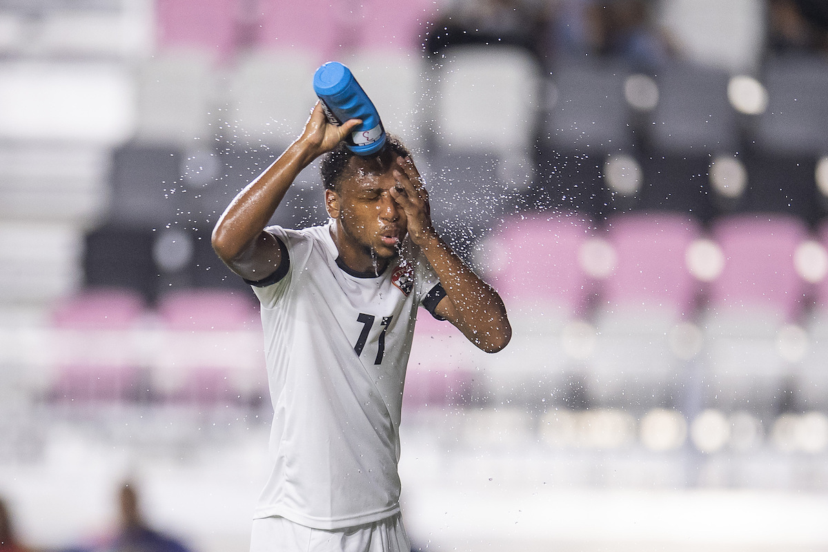 Trinidad and Tobago's Judah Garcia cooling down during a 2021 Concacaf Gold Cup Preliminary Round match against Montserrat at DRV PNK Stadium, Ft. Lauderdale, FL on Friday, July 2nd 2021.