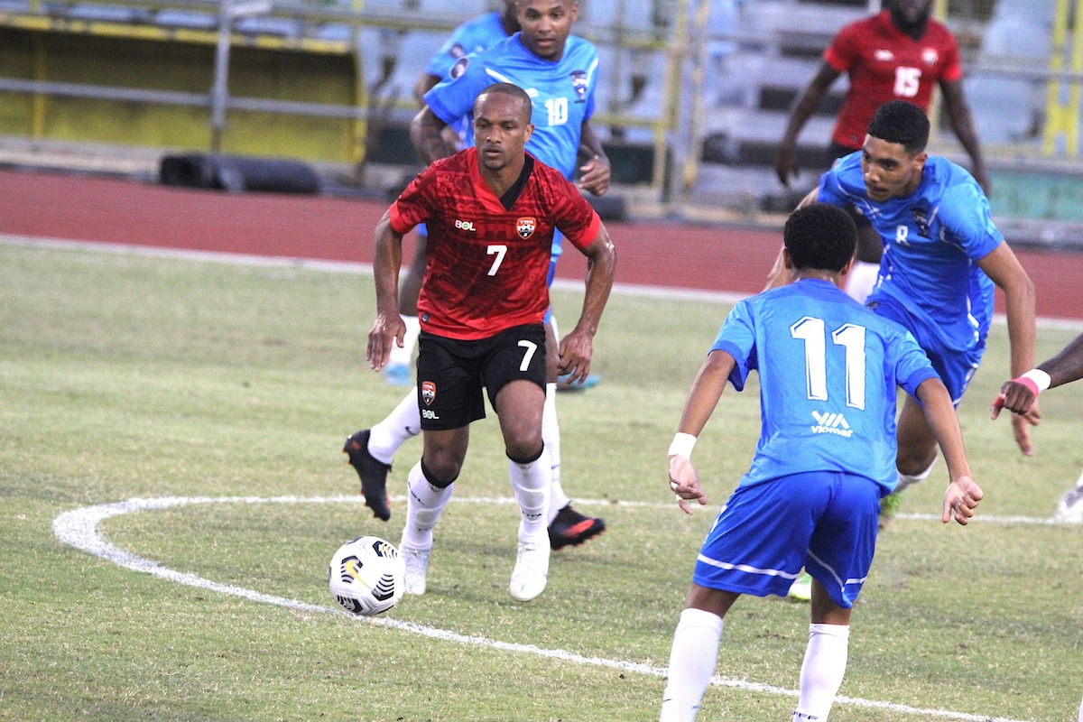 Trinidad and Tobago midfielder Nathaniel Garcia on the ball during an international friendly against Saint Martin at the Hasely Crawford Stadium on Sunday, January 29th 2023.