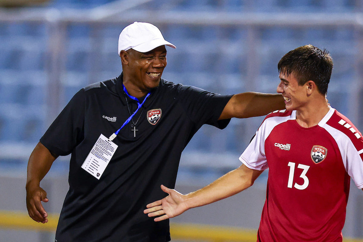 Trinidad and Tobago Men's U-20 Head Coach Brian Haynes (left) congratulates Michael Chaves (right) on his game-winning goal in a Concacaf U-20 Qualifier against St. Vincent and the Grenadines at Hasely Crawford Stadium, Port of Spain on Friday, February 23rd 2024.