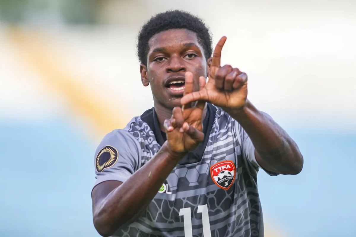 Trinidad and Tobago's Nathaniel James celebrates after scoring against Suriname in a 2022 Concacaf Men's U-20 Championship group stage match at Estadio Olímpico Metropolitano, San Pedro Sula, Honduras on Thursday, June 23rd 2022.