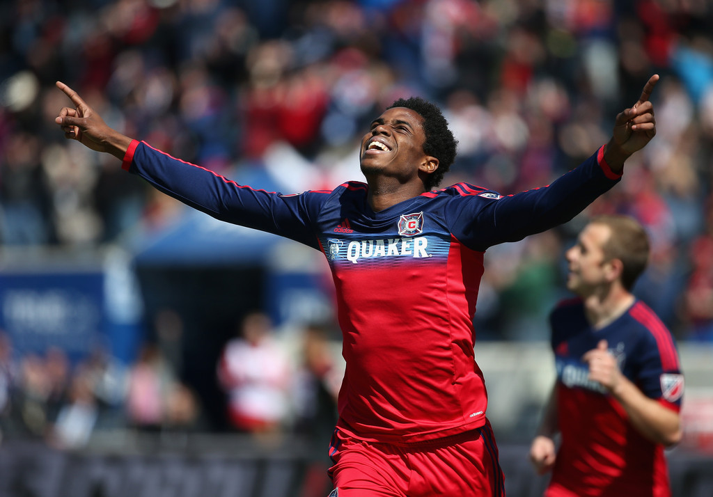 Joevin Jones #3 of the Chicago Fire celebrates a first half goal against Toronto FC during an MLS match at Toyota Park on April 4, 2015 in Bridgeview, Illinois. (Source: Jonathan Daniel/Getty Images North America)