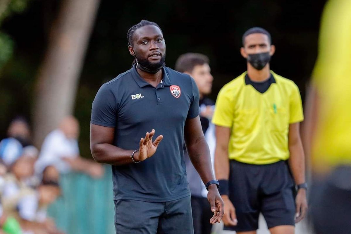 National senior women’s football head coach Kenwyne Jones gives instructions during an international friendly match between T&T and the Dominican Republic at the San Cristobal Panamerican Satdium in Dominican Republic on Friday, November 26th 2021.