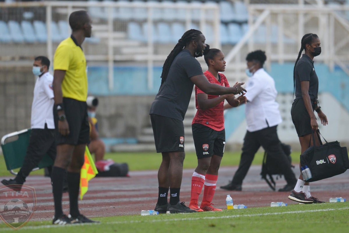 Trinidad and Tobago Women's Interim Head Coach Kenwyne Jones gives instructions during an International Friendly against Panama at Ato Boldon Stadium, Couva, Trinidad and Tobago on October 25th 2021