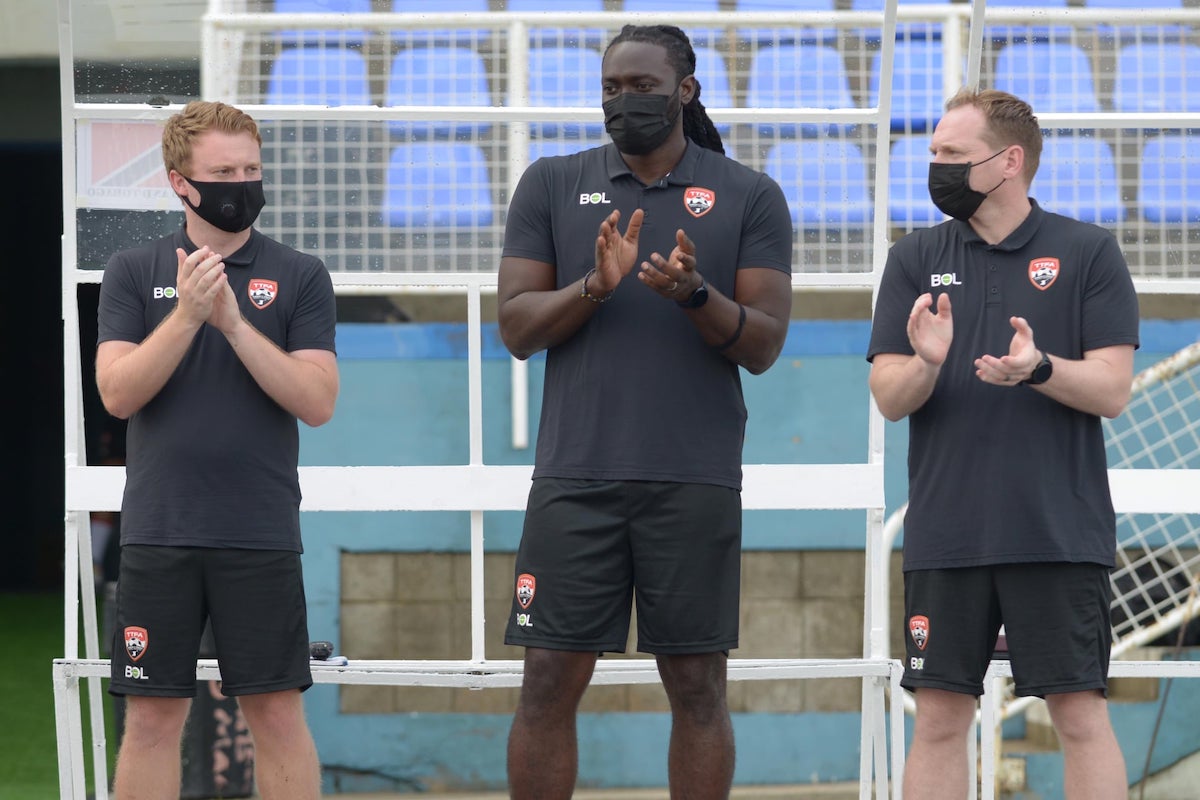 Trinidad and Tobago Women's Interim Head Coach Kenwyne Jones and assistant coaches during an International Friendly against Panama at Ato Boldon Stadium, Couva, Trinidad and Tobago on October 25th 2021