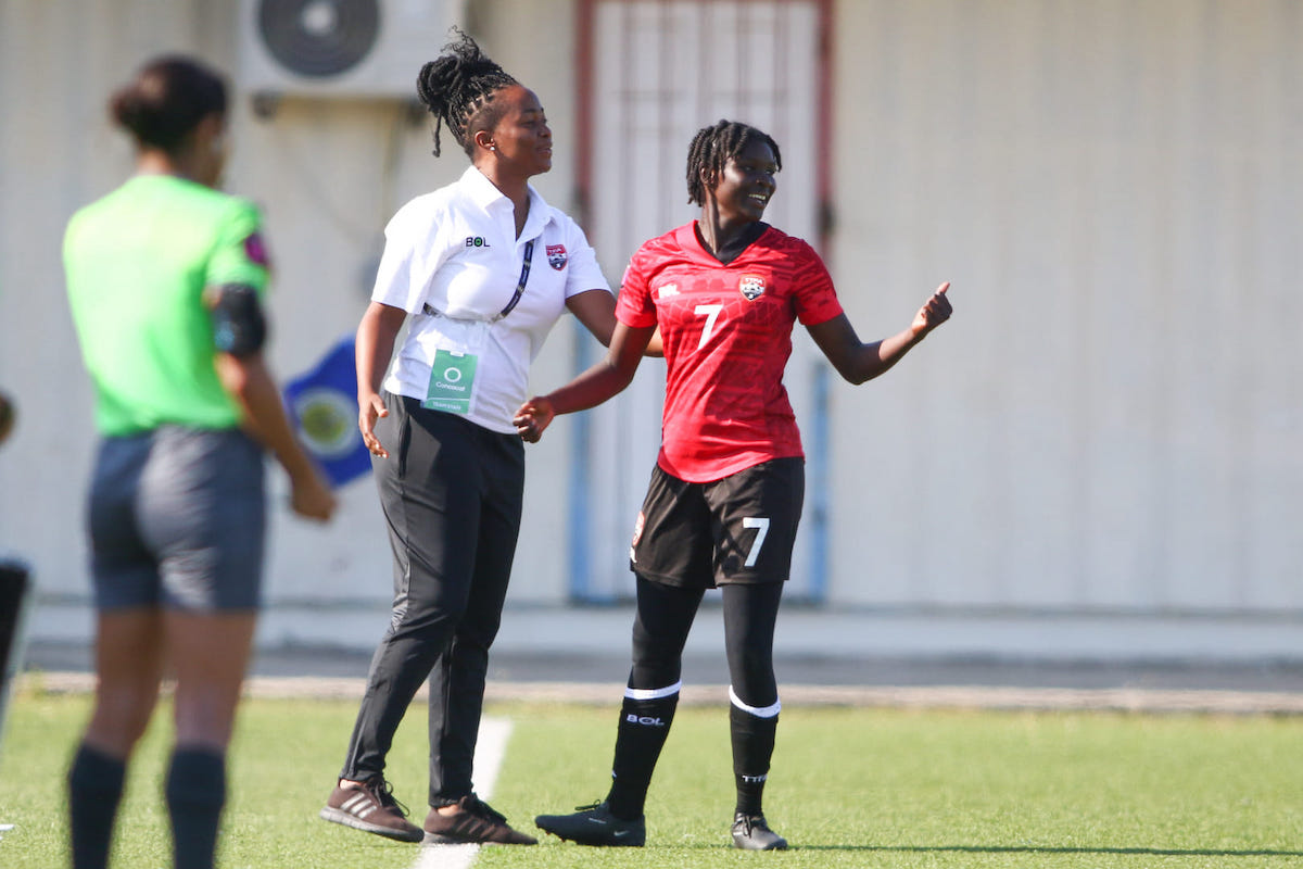 Trinidad and Tobago Women's U-20 Head Coach Dernelle Mascall gives instructions during a 2023 CONCACAF Women's U-20 Championship qualification match against Cayman Islands at Rignaal Jean Francisca Stadium, Willemstad, Curaçao on April 15th 2023.