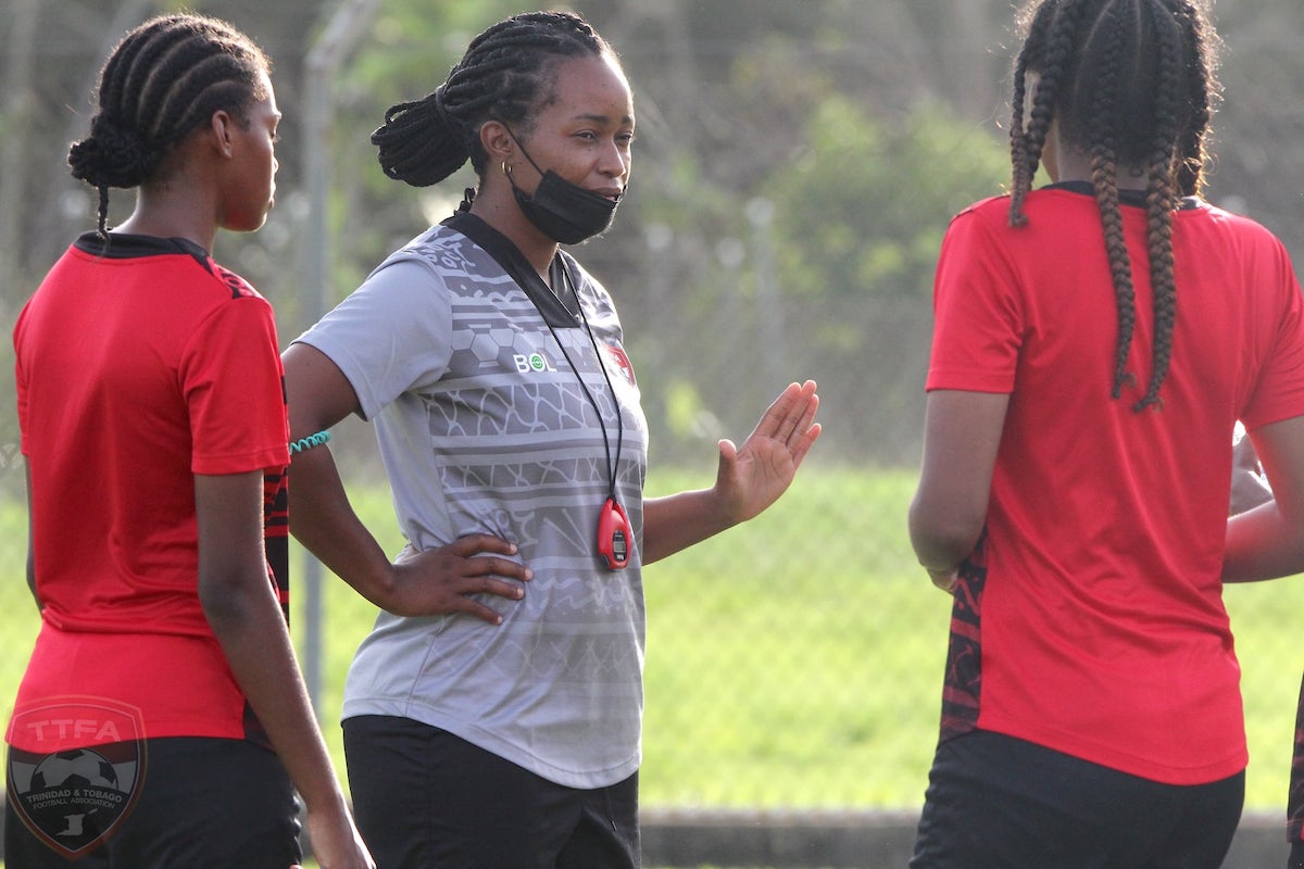 Dernelle Mascall gives instructions during a Trinidad and Tobago Women's U-17 training session at the Ato Boldon Stadium on Thursday, March 10th 2022.