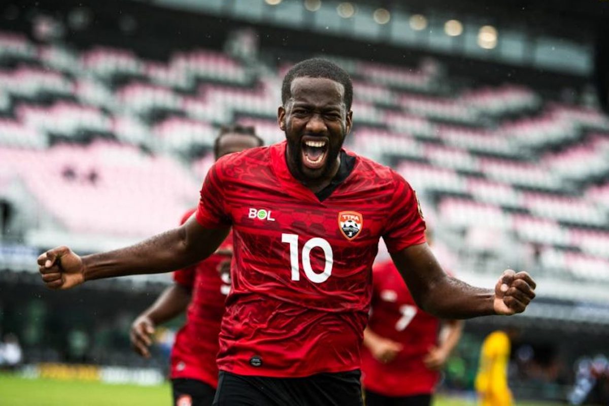 Trinidad and Tobago's Kevin Molino celebrates after scoring a goal during the Gold Cup Prelims football match at the DRV PNK Stadium in Fort Lauderdale, Florida, on July 6, 2021. (Photo by CHANDAN KHANNA / AFP)