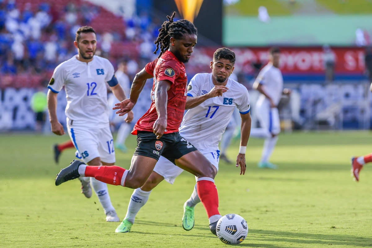 Trinidad and Tobago's Duane Muckette on the ball during a 2021 Concacaf Gold Cup match against El Salvador at Toyota Stadium, Frisco, TX on Wednesday, July 14th 2021.