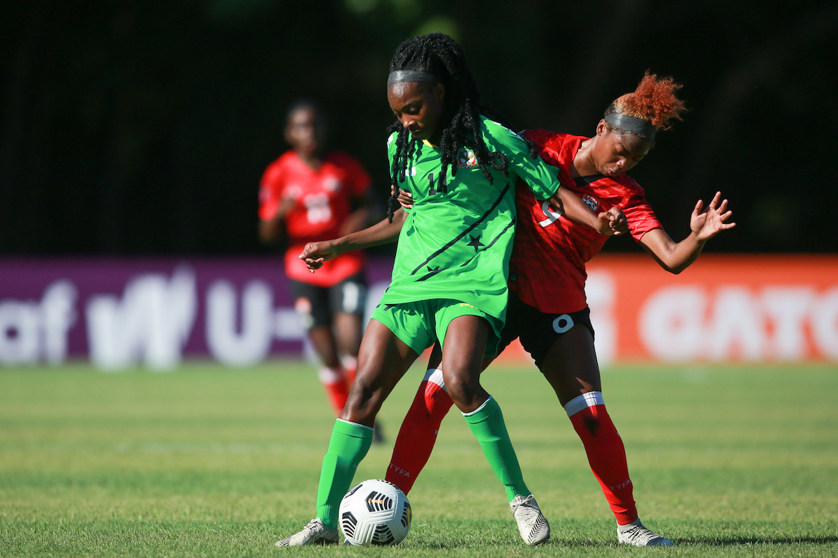 Trinidad and Tobago midfielder Tori Paul (right) challenges for the ball during a 2022 Concacaf Women's U-20 Championship Group Stage match against St. Kitts and Nevis on Sunday February 27th 2022 at Estadio Pan Americano in San Cristobal, Dominican Republic.