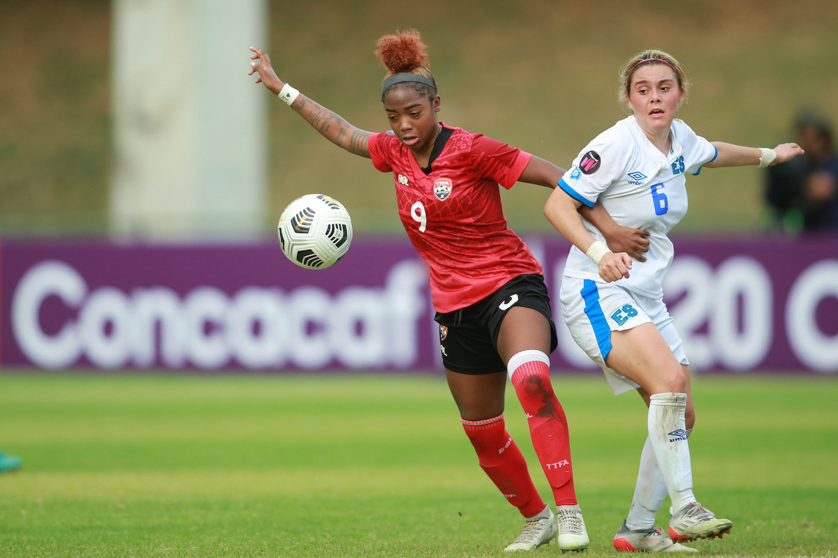 Trinidad and Tobago midfielder Tori Paul (left) protects the ball during a 2022 Concacaf Women's U-20 Championship Group Stage match against El Salvador on Friday February 25th 2022 at Estadio Pan Americano in San Cristobal, Dominican Republic.