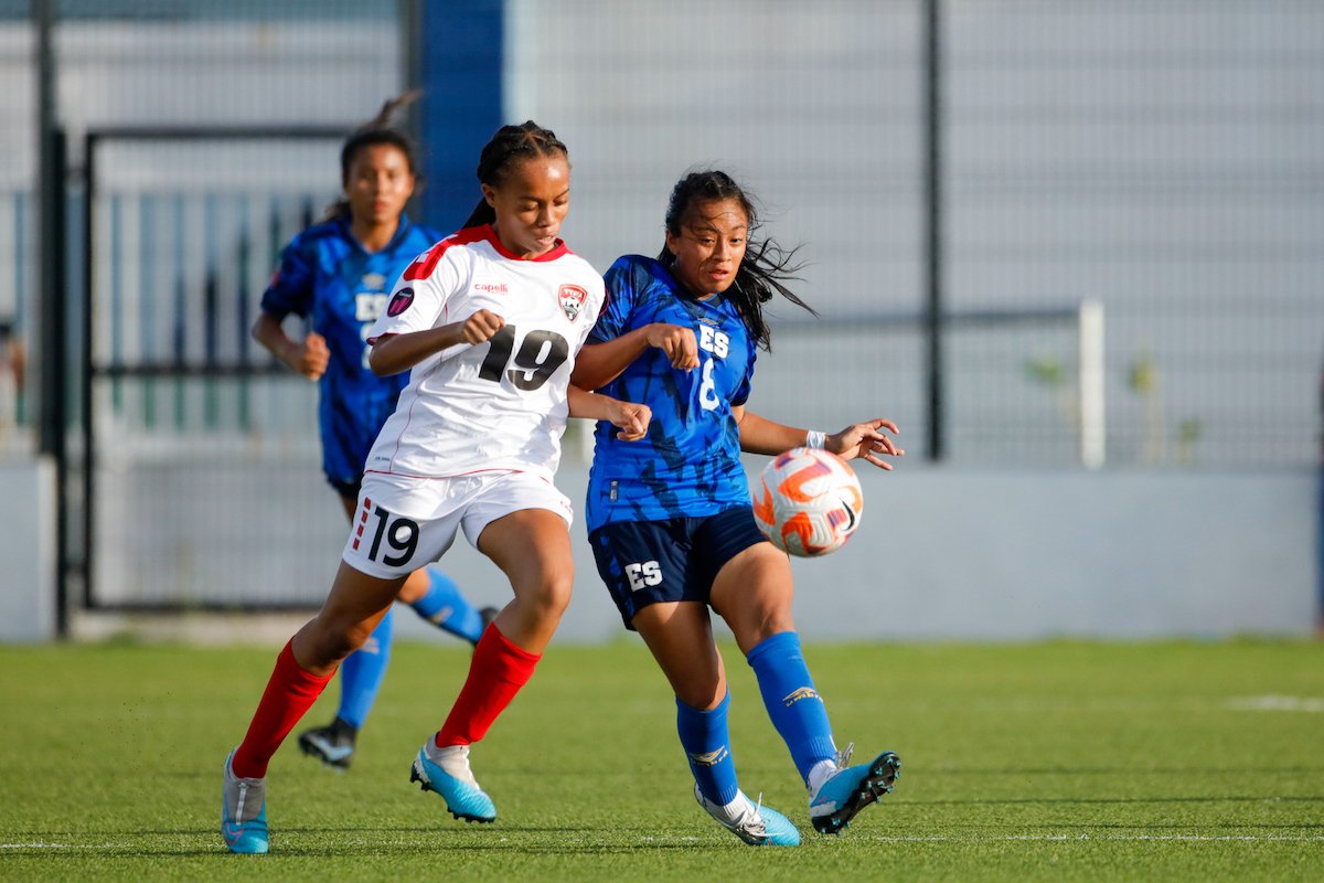 Trinidad and Tobago's Daneelyah Salandy (#19) challenges for the ball during a 6-0 loss to El Salvador in a Concacaf Women's Under-17 Qualifier at Stadion Rignaal Jean Francisca, Willemstad, Curaçao on Wednesday, August 30th 2023.