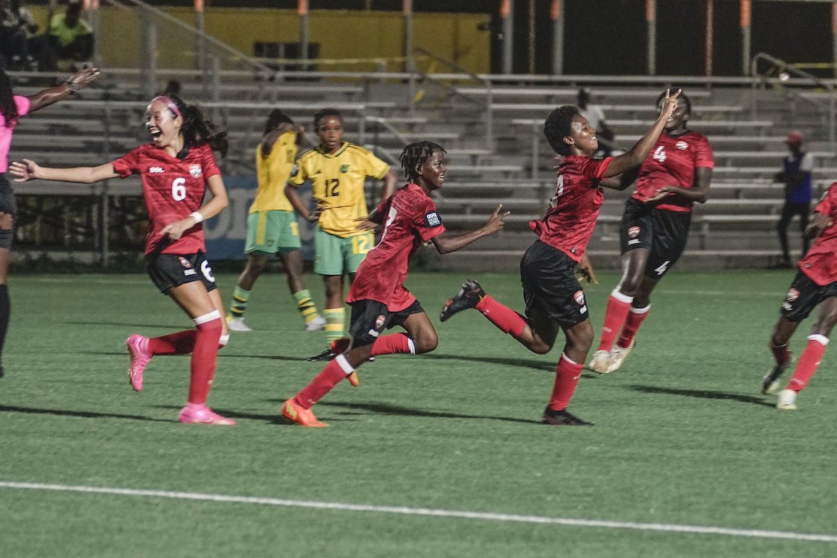 Trinidad and Tobago Girls U-14 celebrate scoring a goal against Jamaica Girls U-14 at the ABFA Technical Center in St. John’s, Antigua on Thursday, August 24th 2023.