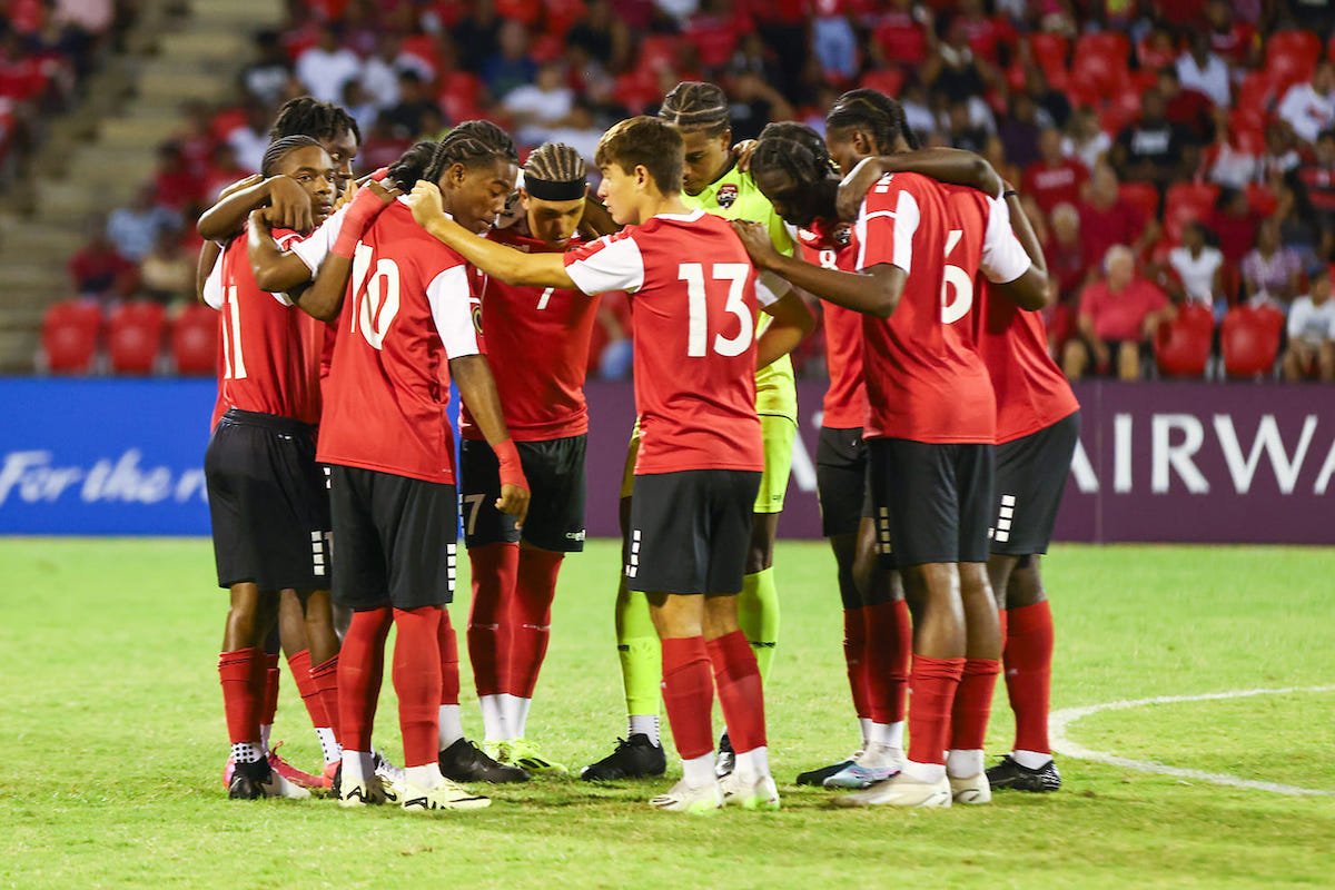 Trinidad and Tobago Men's U-20 team engage in a huddle before the second half of a Concacaf U-20 qualifier against Canada at the Hasely Crawford Stadium, Port of Spain on Tuesday, February 27th 2024.