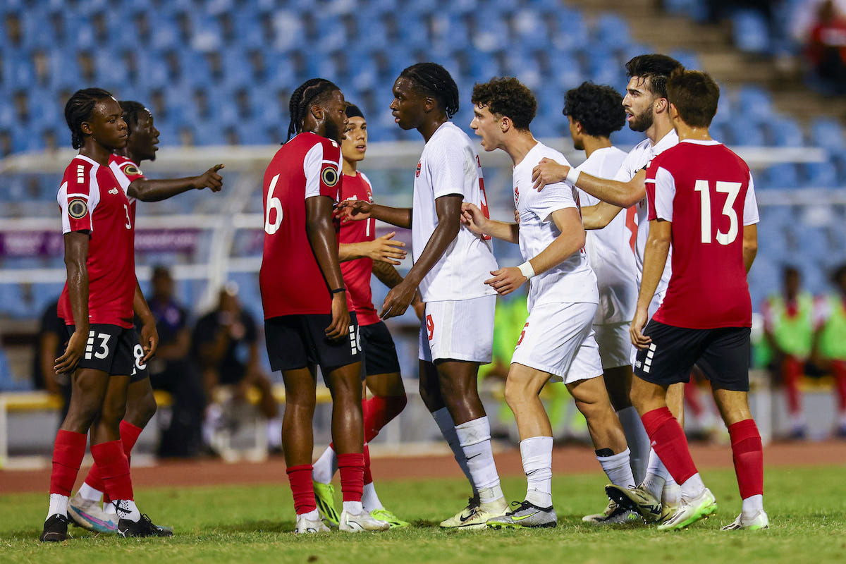 Trinidad and Tobago and Canada U-20 players confront one another during a Concacaf U-20 qualifier at the Hasely Crawford Stadium, Port of Spain on Tuesday, February 27th 2024.