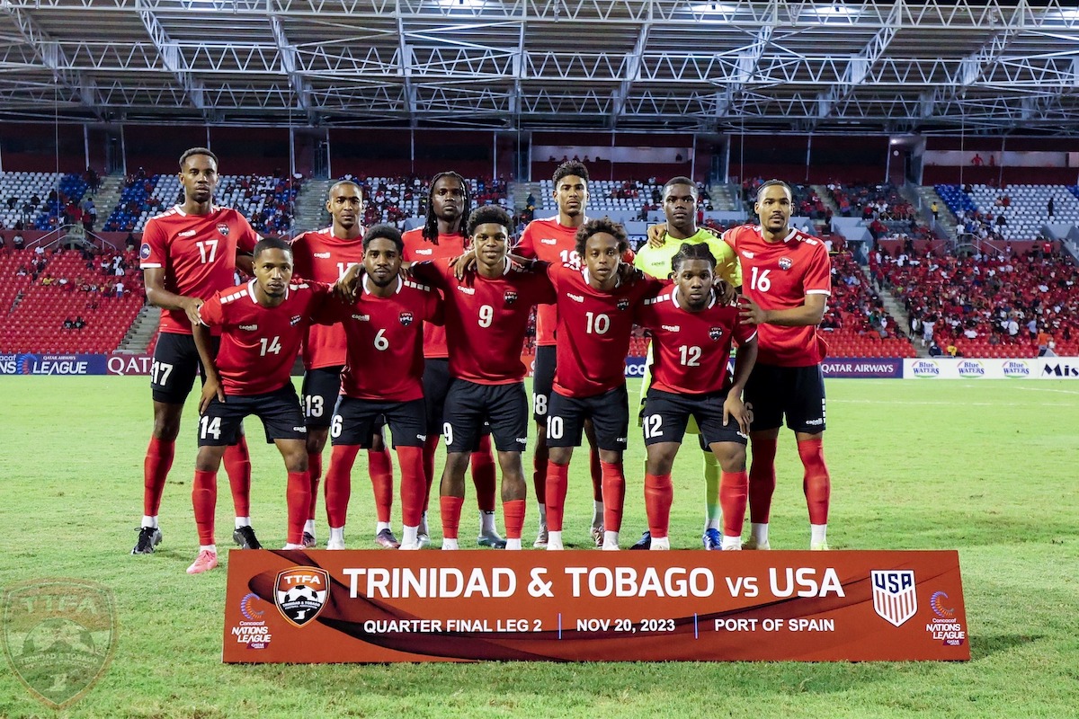 Trinidad and Tobago's staring eleven pose for a team photo before facing United States in the second leg of a Concacaf Nations League quarterfinals matchup at Hasely Crawford Stadium, Port of Spain on Monday, November 20th 2023.