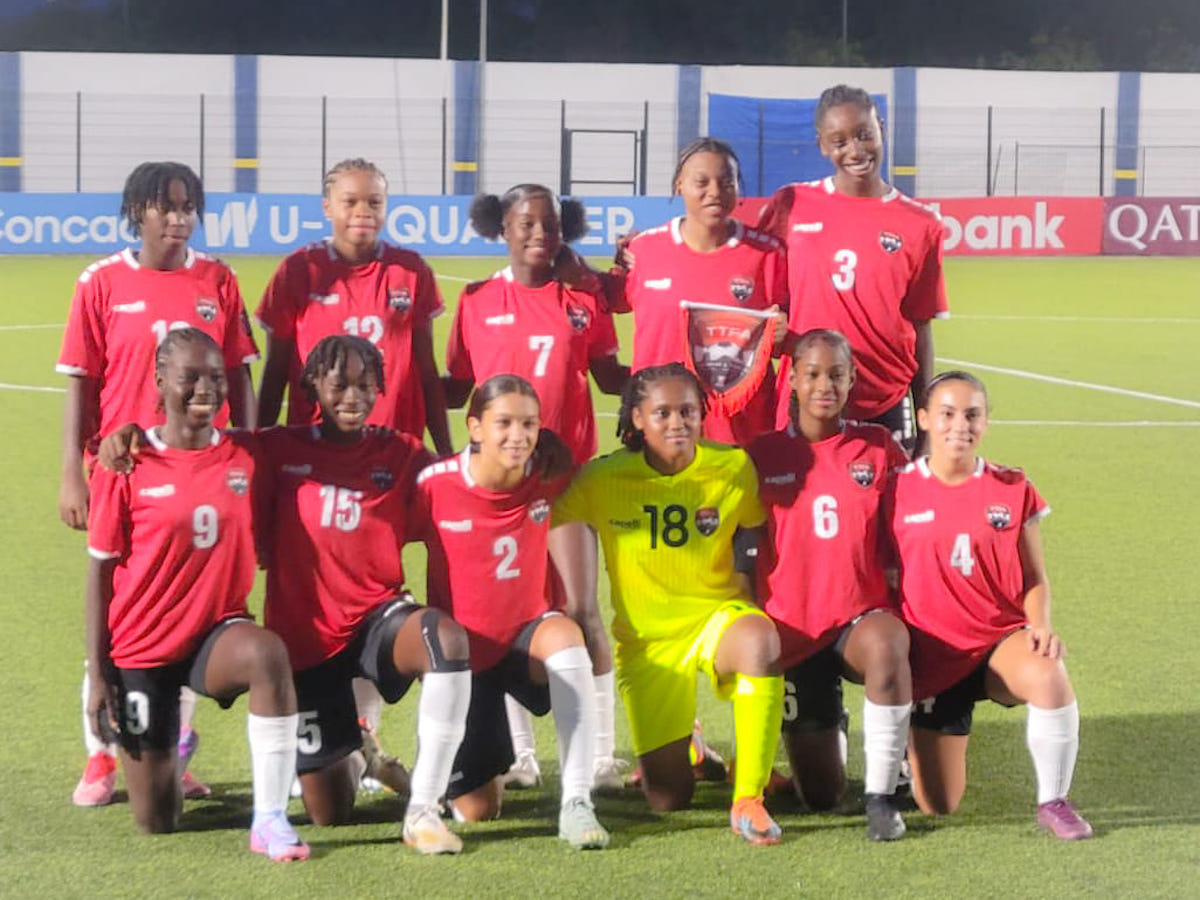 The starting XI of the Trinidad and Tobago Women's U-17 team pose for a photo before facing off against Curaçao in a Concacaf Women's U-17 qualifying match at the Rignaal Jean Francisca Stadium, Willemstad on August 26th 2023.