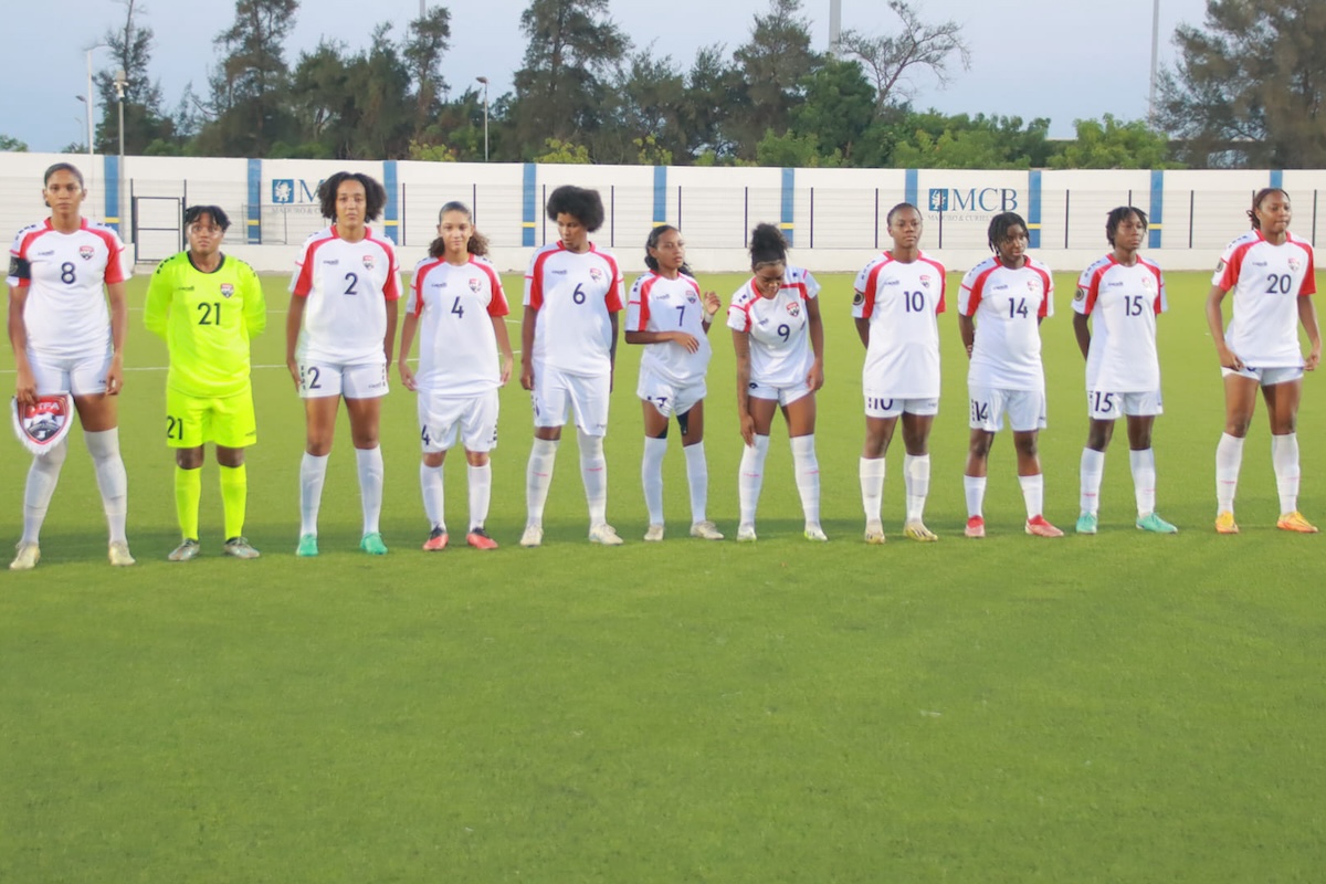 Trinidad and Tobago Women's starting eleven line up before facing Aruba in a match at Stadion Rignaal 'Jean' Francisca, Willemstad, Curaçao on Wednesday, May 29th 2024.