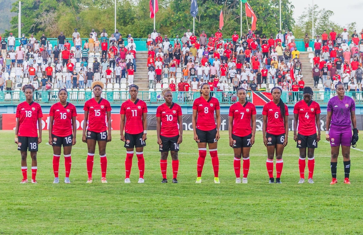 Trinidad and Tobago Women line up before facing Guyana at Dwight Yorke Stadium, Bacolet, Tobago on April 12th 2022