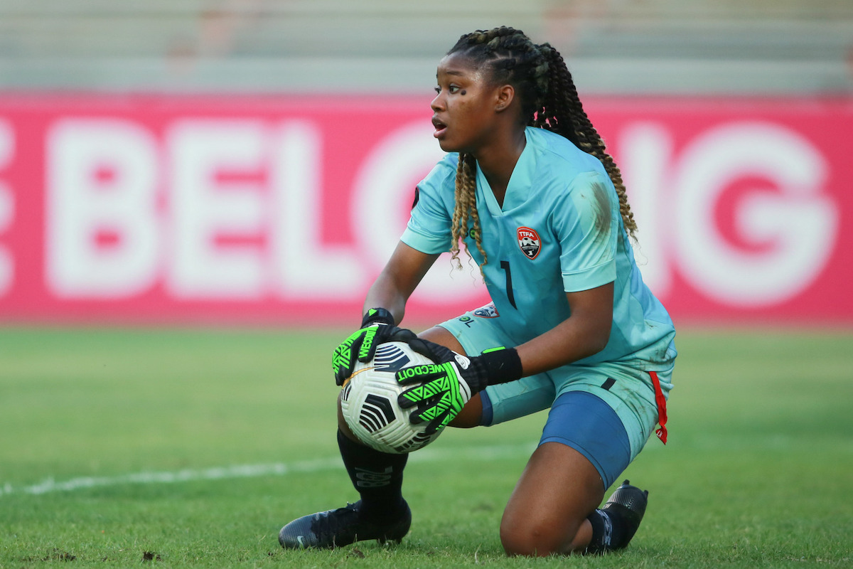 Trinidad and Tobago goalkeeper Akyla Walcott gathers the ball during a 2022 Concacaf Women's U-20 Championship Group Stage match against El Salvador on Friday February 25th 2022 at Estadio Pan Americano in San Cristobal, Dominican Republic.