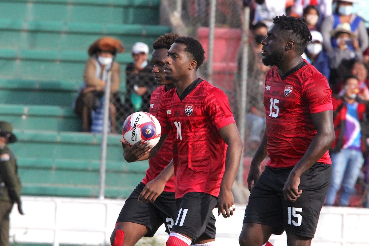 Trinidad and Tobago players (L-R) Jesse Williams, Noah Powder, and Neveal Hackshaw during an International Friendly against Bolivia at Estadio Olimpico Patria, Sucre, Bolivia on January 21st 2022