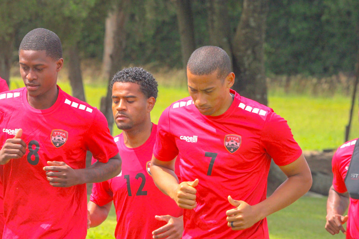 Trinidad and Tobago's Ryan Telfer (right), Steffen Yeates (center), and Isaiah Lee (left) during a training session in Tegucigalpa, Honduras on Wednesday, September 4th 2024.