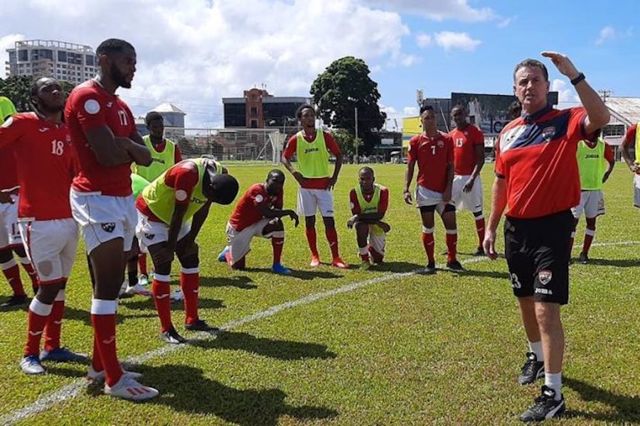 National football coach Terry Fenwick talks to his players during a training session at Police Barracks, St James, last Wednesday, November 11th 2020. PHOTO: TTFA Media