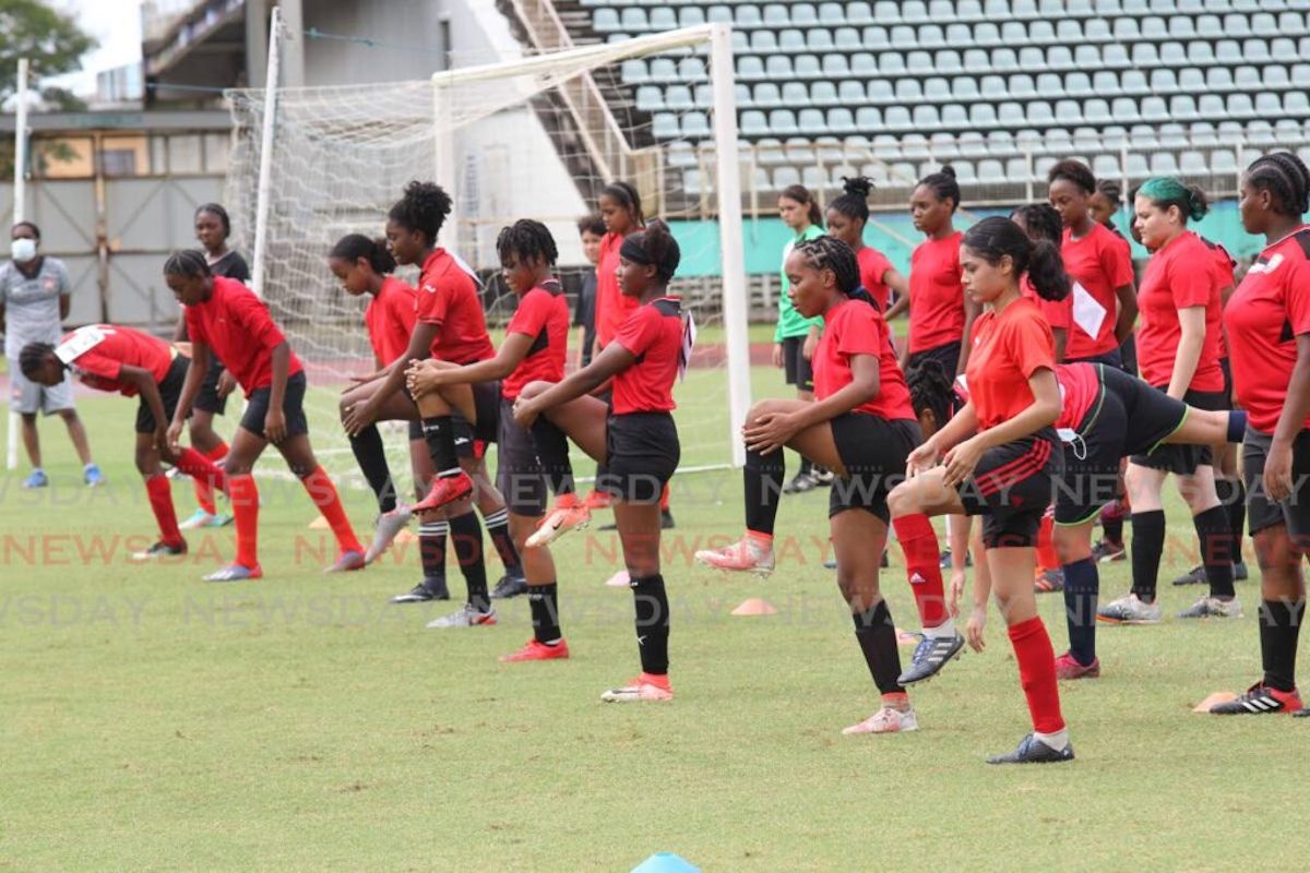 Aspiring national women U-17 players take part in the TT Football Association’s tryouts, on December 22nd 2021, at the Manny Ramjohn Stadium, Marabella. PHOTO: Lincoln Holder