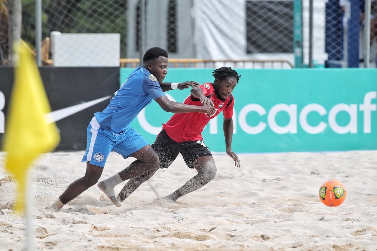 Trinidad and Tobago beach soccer player David McDougall in action against the Turks and Caicos Islands on Wednesday, May 19th at the 2021 Concacaf Beach Soccer Championships.